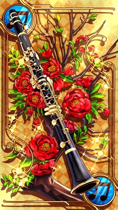 a painting of a musical instrument with flowers on the bottom and an ornate frame around it