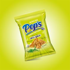 a bag of cereal sitting on top of a yellow background with the word pop's written