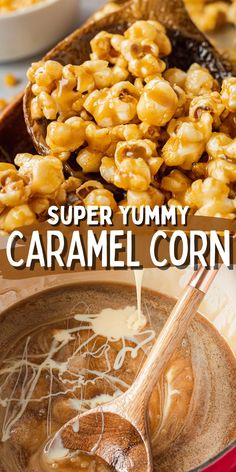 a bowl filled with caramel corn on top of a table next to a spoon