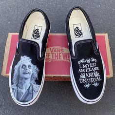 Beetlejuice Vans Shoes - Custom Slip Ons – BlvdCustom Custom Slip On Vans, Tennis Vans, Paint Shoes, Custom Vans Shoes, Painted Vans, Slip On Vans, Custom Painted Shoes, Skater Shoes, Shoes Diy