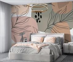 a modern bedroom with pink and grey wallpaper