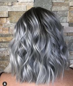 Silver Hair Colour Ideas, Silver Hair For Brunettes, Grey Hair Color Silver Short, Steel Gray Hair Color, Balayage Grey Hair Silver, Dark Roots With Silver Hair, Charcoal Silver Hair, Grey Hair Blue Highlights, Silver Hair With Peekaboo Color