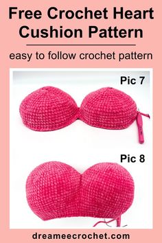 two pink crochet hearts are shown with the text, free crochet heart cushion pattern