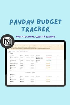 a tablet with the words payday budget tracker on it and an image of a computer screen