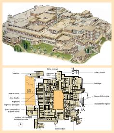 an architectural plan and section diagram of a large building with several stories, including two levels