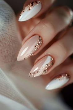 Gold And White Gel Nails, Elegant Nails Classy 2024, Engagement Nails, Golden Nails, Gold Nail, Neutral Nails, Bridal Nails