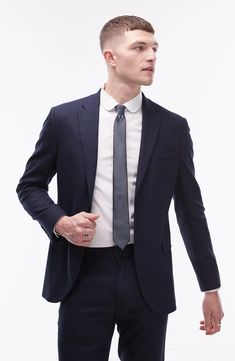 Topman Skinny Fit Textured Suit Jacket | Nordstrom Deep Blue Wedding, Grad Suits, Wedding Guest Suit, Attorney Outfit, Professional Wardrobe Essentials, Lawyer Outfit, Suit Ideas, Fashion Suits For Men, Business Formal