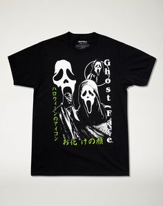 Add the perfect touch of horror to your wardrobe with this Ghost Face® Kanji T Shirt! This officially licensed tee features black and white detailing and one of the most iconic horror movie slashers out there, Ghost Face®. Slip into this tee and rep this classic horror film wherever you go! Officially licensed Crewneck Short sleeves Material: Cotton Care: Machine wash; tumble dry low Imported This shirt is Unisex Sizing only For a fitted look, order one size smaller than your normal size Ghost F Ghost Face Shirt Ideas, Horror Movie Slashers, Movie Slashers, Ghost Clothes, Kawaii Logo, Scream 1996, Horror Shirts, Emo Shirts, Black Girls With Tattoos