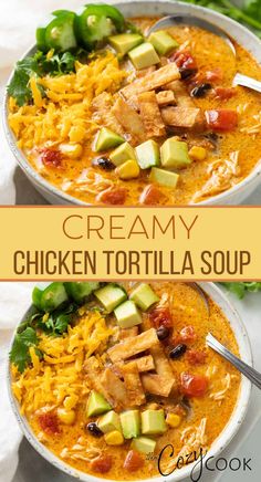 two bowls filled with chicken tortilla soup