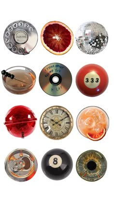 several different types of balls and clocks on a white background with the number eight in front of them