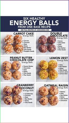 six healthy energy balls are shown in this recipe poster, which includes different types of energy balls