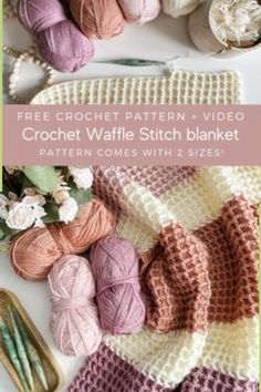 the crochet waffle stitch blanket pattern is shown with yarn and flowers on it