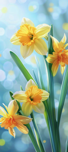 three yellow daffodils with green stems in front of blue boke background