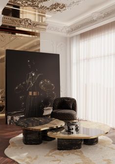 the living room is decorated in black and gold