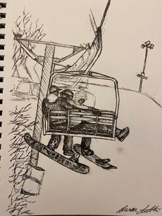 a drawing of two people on skis going up a hill in the lift way