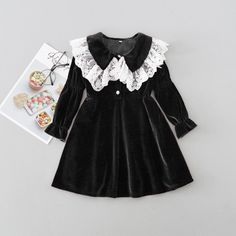 Toddler Kids Girls Lace Lapel Dress - PrettyKid Europe Shopping, Girls Velvet Dress, Lapel Dress, Woolen Clothes, Bowknot Dress, Girls Boutique Clothing, Cheap Dresses Online, Wholesale Dress