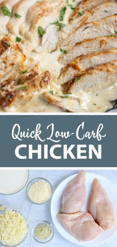 chicken with gravy and parmesan cheese is shown in this collage