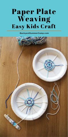 paper plate weaving for kids craft with yarn and scissors on the table next to it