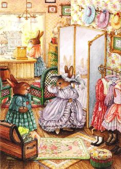 a drawing of two rabbits in a room