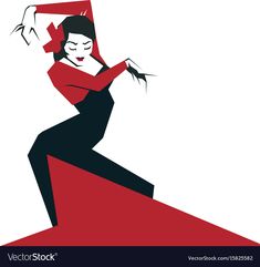 a woman in red and black is dancing on an abstract stage with her hands behind her head