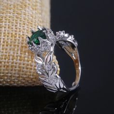 Simulated Emerald 925 Stamped Luxury Silver Emerald Promise Ring, Green Emerald Ring, Sterling Silver Promise Rings, Feather Ring, Sterling Silver Jewelry Handmade, Silver Feather, Stone Engagement Rings, Emerald Engagement Ring, Green Emerald