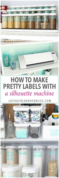 an open refrigerator with labels and jars on the shelves in front of it that says how to make pretty labels with a silhouette machine