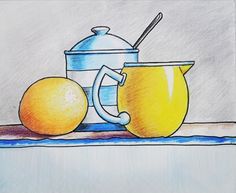 a drawing of two oranges and a tea pot