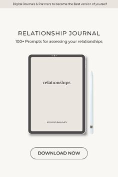 a tablet with the words,'relationship journal'and an image of a