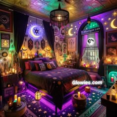 a bedroom decorated in purple, green and blue colors with lights on the ceiling above the bed