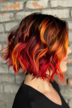 These Short Wavy Bob Ideas Are More Revolutionary Than You Think! Short Fire Hair, Short Wavy Bob Haircuts, Fire Ombre Hair, Sunset Hair Color, Flame Hair, Dynamic Personality, Wild Hair Color, Bob Ideas