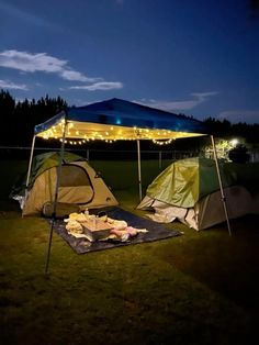 a tent is set up in the grass at night