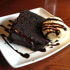 a piece of chocolate cake and ice cream on a plate