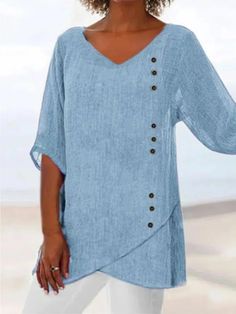 Blue V-neck Half-sleeve Button-front Women's Casual Blouse Half Sleeve Shirts, Half Sleeve Blouse, Tunic Pattern, Linnet, Loose Blouse, Plus Size Womens Clothing, Women Shirts Blouse, Casual Blouse, Short Sleeve Blouse