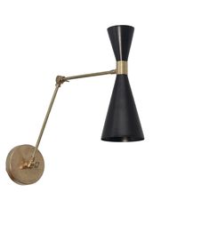 a black and gold wall light on a white background with the arm extended to it