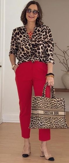 Ladies Classy Outfits, Navy Pants Outfits For Women, Red Slacks Outfit Women, Church Outfit Pants Classy, Mustard Pants Outfit Fall, Leopard Print And Red Outfits, How To Wear Red Pants, Copper Pants Outfit, Red Pants Outfit Casual