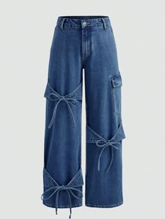 Design Bow Tie Cargo Style Jeans Women's Casual Straight Leg Fall Pants Back To School Season Loose Wide-Leg Pants Dark Wash Casual   Denim Plain Straight Leg,Wide Leg Non-Stretch  Women Clothing, size features are:Bust: ,Length: ,Sleeve Length: Simple Pants Design, Cute Bottoms Pants, Pattern Moodboard, Jean Bottoms, Manali Trip, Bow Pants, It Girl Fits, Grunge Romantic, Cargo Pants Jeans