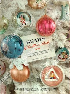 an advertisement for sears's christmas book with ornaments hanging from the top and bottom