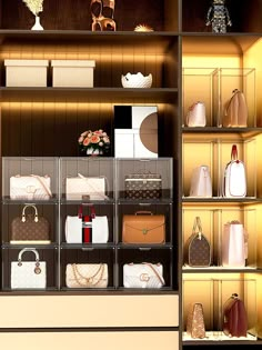 the shelves are filled with purses and handbags