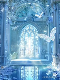 an image of a beautiful blue room with butterflies flying over the door and water in the pool