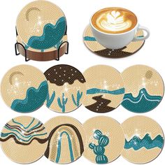 coffee cup and saucer with coasters in the shape of desert scenes on them