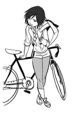 a woman standing next to a bike with her hand on her mouth and looking down