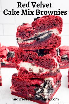 red velvet cake mix brownies stacked on top of each other with text overlay