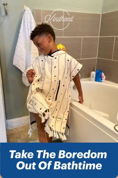 Kindhood Hooded Poncho Towel Aliso worn by a young black boy smiling standing next to the bathtub. TExt overlay reads Take the Boredom Out of Bathtime Towel Poncho, Hooded Poncho, Towels Kids, Terry Cloth, Ponchos, Hand Warmers, Looks Great, Towels