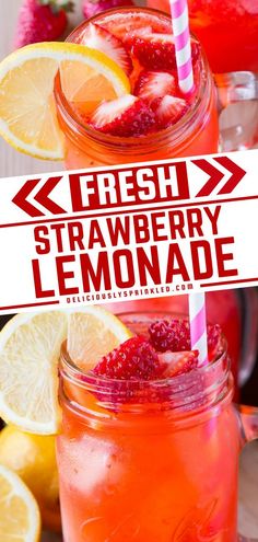 two mason jars filled with fresh strawberry lemonade and topped with strawberries next to sliced lemons