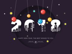 happy new year greeting card with hanging numbers and cityscape in the night sky