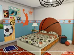 a basketball themed bedroom is shown in this image