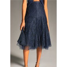 New With Tag, No Flaws. By Anthropologie Tulle Skirt Navy Color Lace With Tulle Under, Lined. Side Zipper Closure Midi Skirt Godet Design Please Let Me Know If You Have Any Questions. Elegant Skirted Dress With Lined Skirt, Elegant Lined Dress, Elegant Lace Party Bottoms, Summer Evening Lace Skirt, Elegant Flowy Tiered Skirt, Elegant Knee-length Skirt For Cocktail, Elegant Tiered Skirt, Elegant Knee-length Cocktail Skirt, Gathered Midi Skirt For Evening