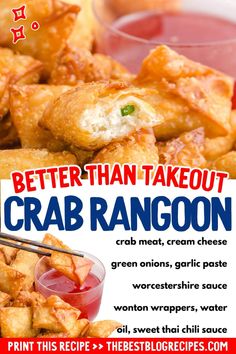 an advertisement for crab rangoon is shown in red, white and blue with the words'better than takeout crab rangoon '