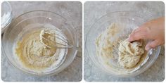 two pictures showing the mixing process for making dough in a bowl with a whisk