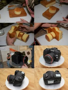 there are many pictures of different foods being made on the kitchen counter top, including bread and camera